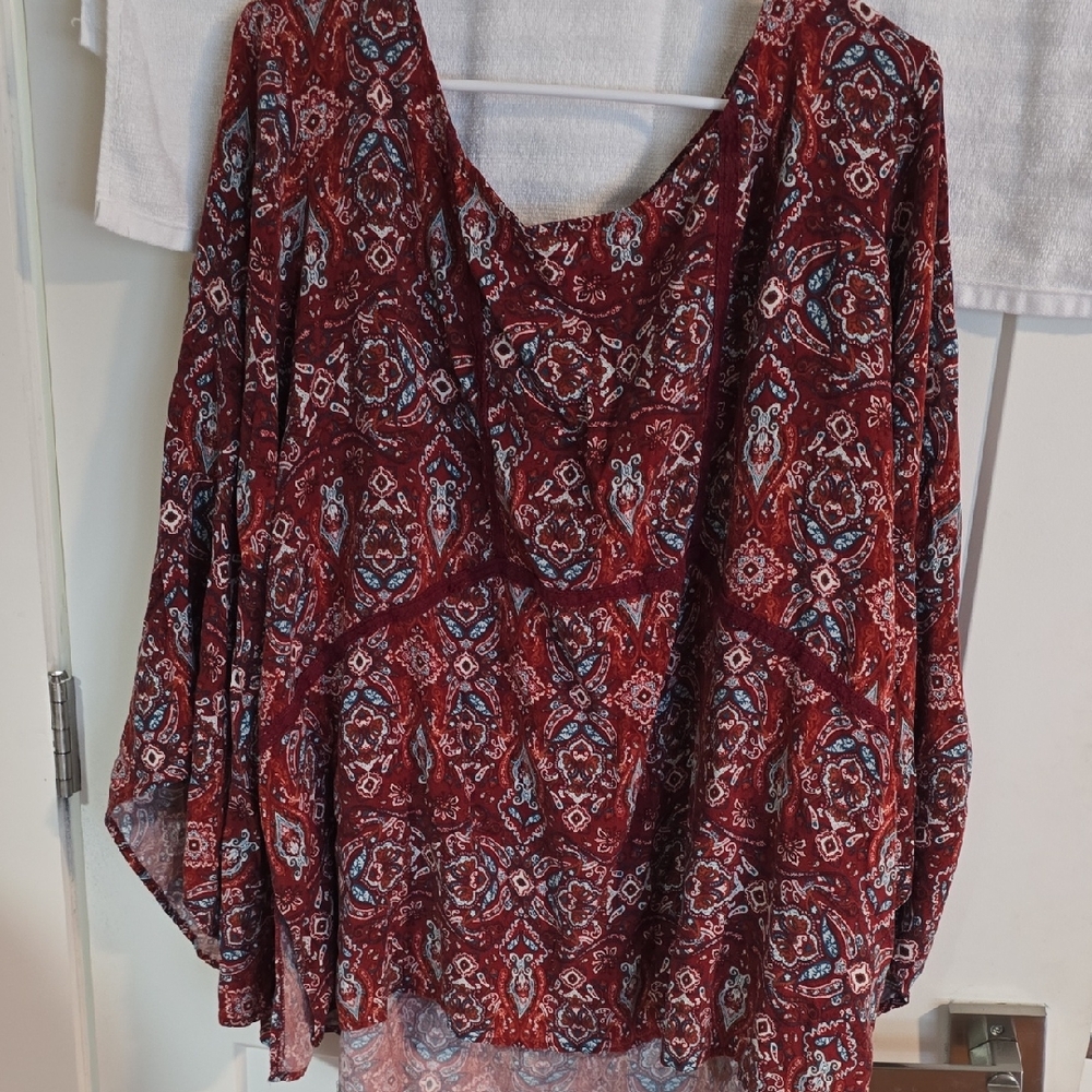 Avenue Maroon and Blue Patterned Blouse